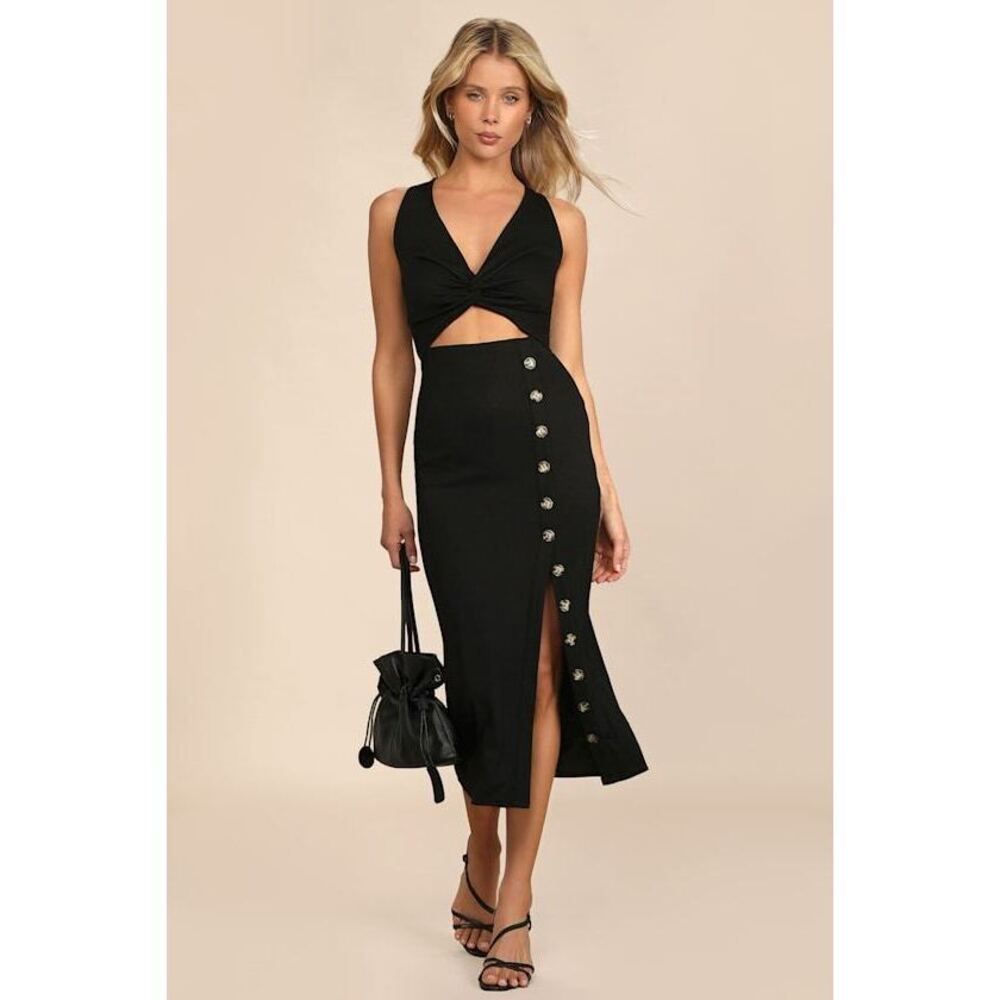 Lulus Trend Seeker Black Ribbed Twist-front Cutout Midi Dress - Size Medium